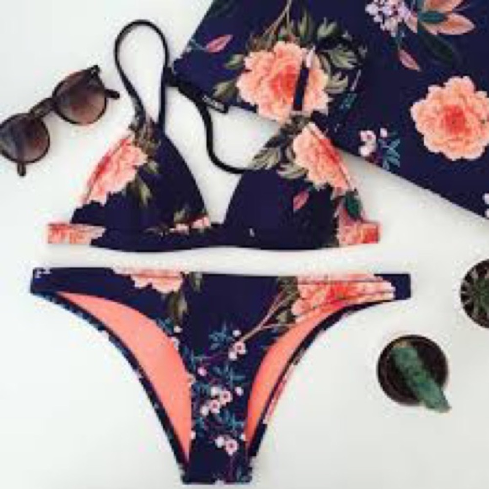 New With Tags Triangl Neoprene Bikini Set Blue Floral Pink S Top Swim Bottoms
